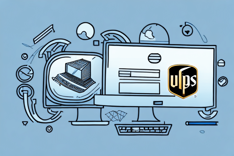 A digital illustration showcases two computer screens: one displaying a logo reminiscent of UPS and the other featuring a vintage computer. The background, in light blue hues, is adorned with abstract shapes and lines, portraying the essence of uninstalling UPS Worldship in a simplified manner.