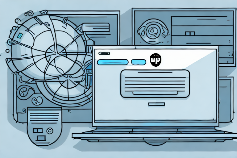 Illustration of a futuristic workspace featuring a laptop with a up logo on the screen, surrounded by abstract tech devices and screens with geometric shapes, set against a light blue background, reminiscent of UPS Worldship solutions and seamless troubleshooting capabilities.