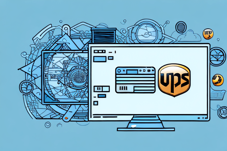 An illustration depicts a computer screen showcasing the UPS logo with online tracking features, enhanced by UPS Worldship elements. The background is adorned with gears, arrows, a globe, and icons symbolizing navigation and technology, all set against a calming blue backdrop.