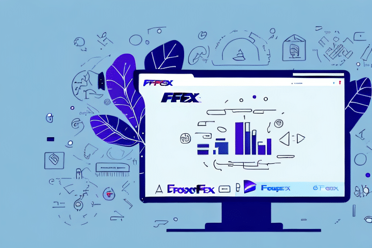 A modern desktop monitor displays analytics software with graphs and charts. The screen, running FedEx Ship Manager, is surrounded by various tech and data-related icons. Occasionally, it freezes against a light blue background with purple accents.