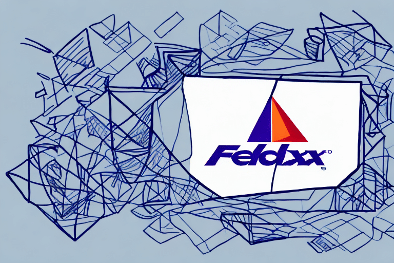 Abstract geometric drawing in blue with a central white rectangle featuring a red and blue geometric triangle shape above the word FedEx, stylized as Feldxx. Inspired by FedEx Ship Manager, this design merges creativity with logistic precision.