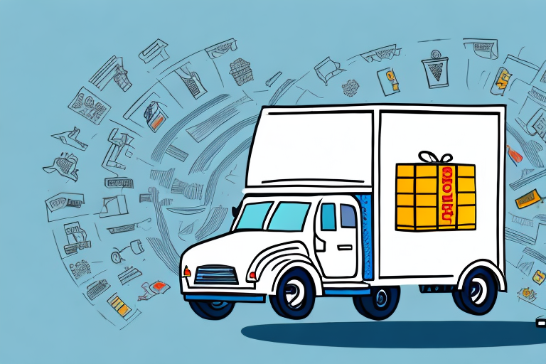 A white delivery truck against a light blue background carries a large gift box wrapped in yellow paper with a red bow. Various shopping icons swirl around, hinting at a seamless courier service thats perfect for all your online shopping and gift delivery needs.