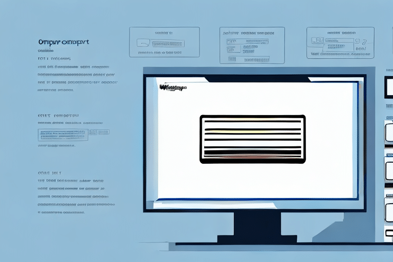 A computer monitor displays a webpage with a central window featuring horizontal lines, resembling text. Surrounding the monitor are various interface elements and text boxes for troubleshooting purposes, all set against a blue background.
