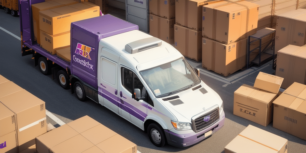 A delivery truck with a purple and white livery navigates through stacks of large brown boxes on a loading area. The trucks side door displays a colorful logo and the word Gonzalez, as it uses FedEx Ship Manager to prepare for package distribution.