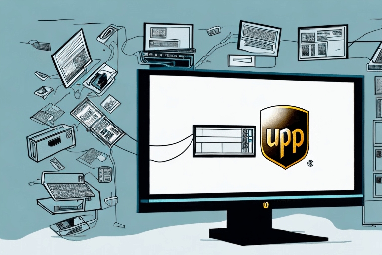 A large monitor displays a logo resembling upp before illustrations of computers and devices linked by cables, evoking digital connectivity. Set against a muted blue backdrop, this scene hints at seamless updates and troubleshooting prowess.