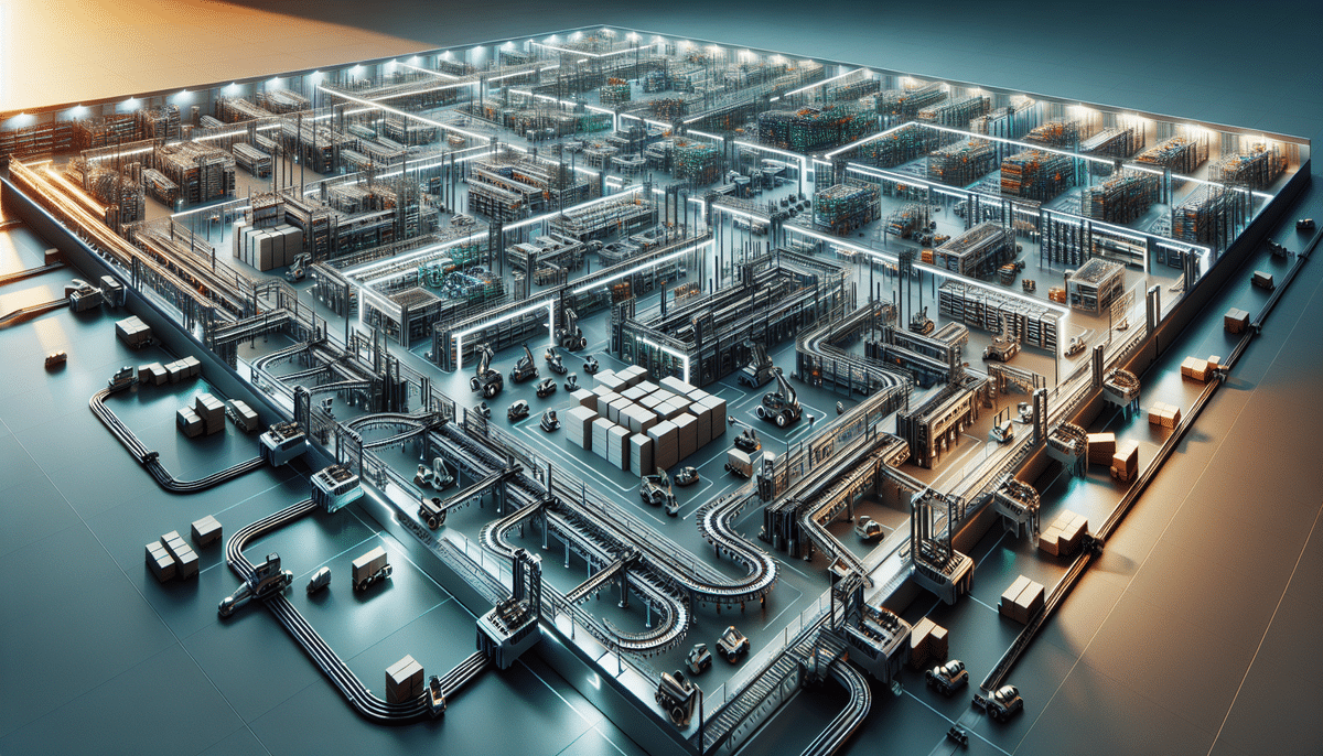A digital rendering of a futuristic warehouse featuring AutoStore technology showcases an intricate network of conveyor belts, automated vehicles, and storage racks. The scene is illuminated with soft, ambient lighting, creating a high-tech atmosphere that reflects the innovative spirit of Knapp systems.