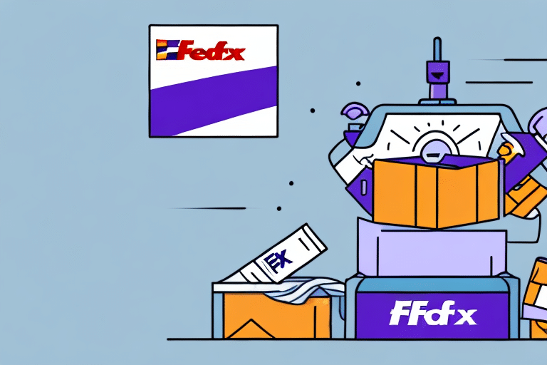 A robot skillfully places a package into a FedEx box using its mechanical arm. Nearby, other boxes await, one open, with the iconic FedEx logo visible. In the light blue background, a FedEx sign and an alert from FedEx Ship Manager remind users of any handling charges.