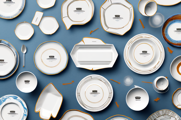 A variety of fine dinnerware, including white and blue plates, bowls, and dishes with gold and blue trim, is artistically arranged on a blue background. Most pieces display elegant, abstract designs with geometric and organic shapes at the center.