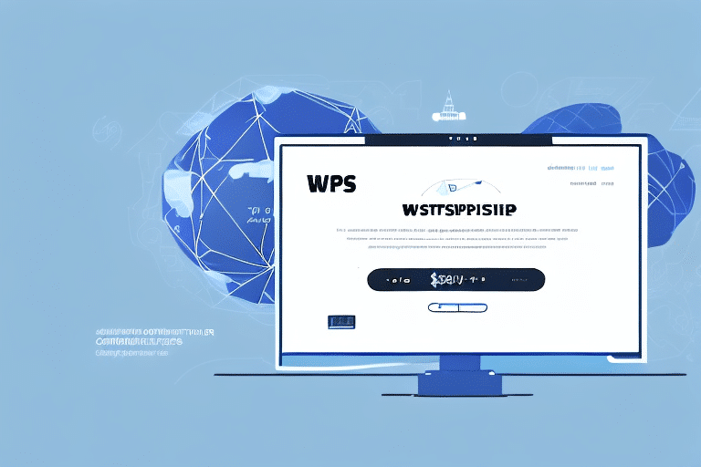 A computer monitor displays a loading screen with the text WPS and WSTVPISIIP. The background features a blue globe connected by digital lines, symbolizing global connectivity, similar to the seamless network of UPS Worldship streamlining shipping costs.