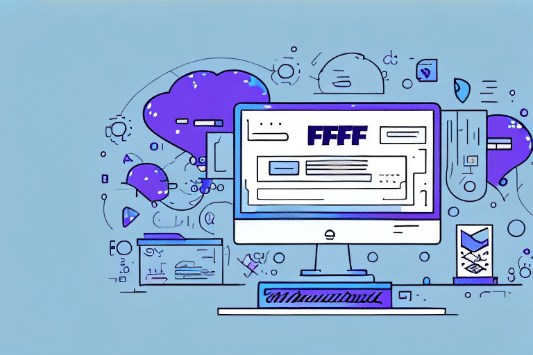 An illustration captures a second computer screen showcasing a digital design labeled FFFF. The background is adorned with abstract cloud shapes and various tech icons, reminiscent of FedEx Ship Managers interface, all set in a blue and purple palette.