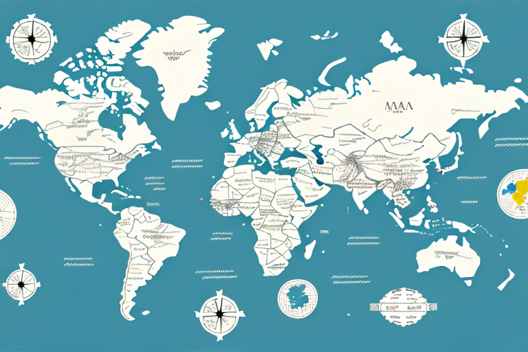 A stylized world map on a teal background showcases abstract interpretations of continents, with compass roses and decorative elements adding a vintage nautical theme. The design subtly echoes the journey through shipping zones and UPS shipping rates across the globe.