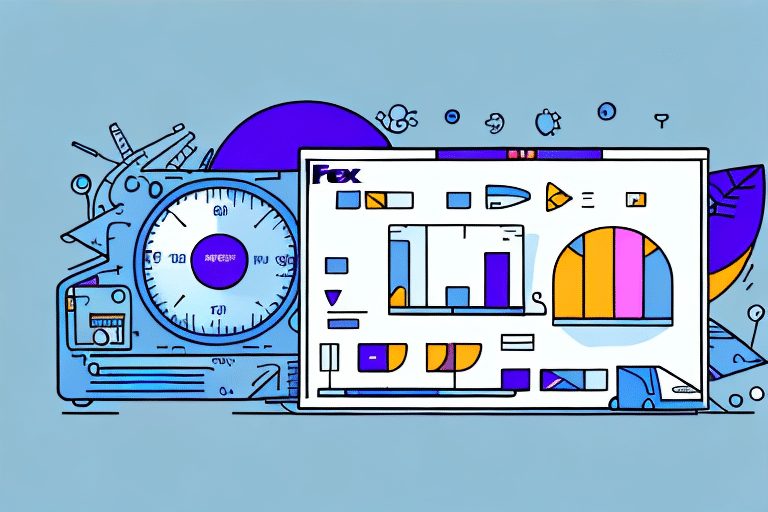 A colorful illustration features a speedometer with small graphs and charts on a digital dashboard, akin to an Efficient Shipping system. Various geometric shapes and lines surround the dashboard, creating a futuristic and dynamic atmosphere.