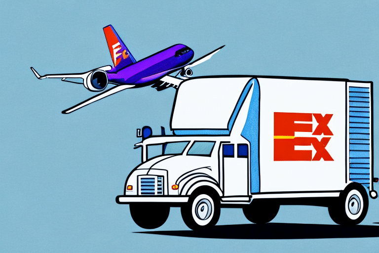 A captivating illustration showcasing a purple airplane and a white delivery truck with the iconic red and orange FX logo against a blue backdrop, embodying the efficiency of FedEx Ship Manager for seamless shipping.