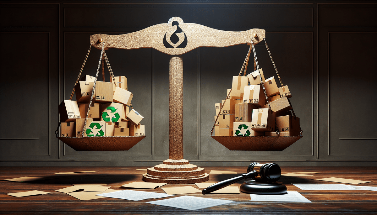 A wooden balance scale with cardboard boxes on both sides, some from Packaging Corporation of America displaying recycling symbols. A gavel rests below on a desk scattered with papers, suggesting weighing environmental considerations against legal or commercial issues.