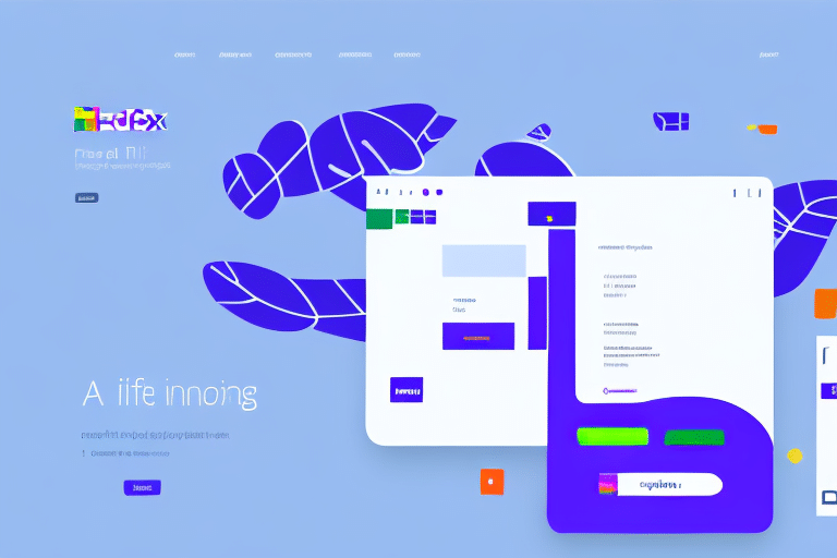 An abstract digital artwork features overlapping leaf shapes, bright geometric patterns, and text elements on a light blue background. With vivid colors like purple, green, and orange, its dynamic layout echoes the modern efficiency of FedEx Ship Manager Lite.