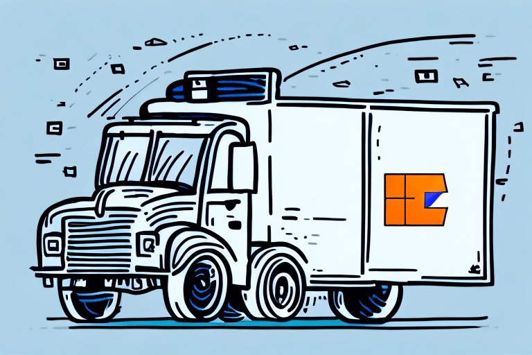 Illustration of a cartoon-style delivery truck resembling the FedEx Ship Manager vehicle, with a white body and a colorful logo on the side, driving on a light blue background with abstract lines and shapes indicating motion.