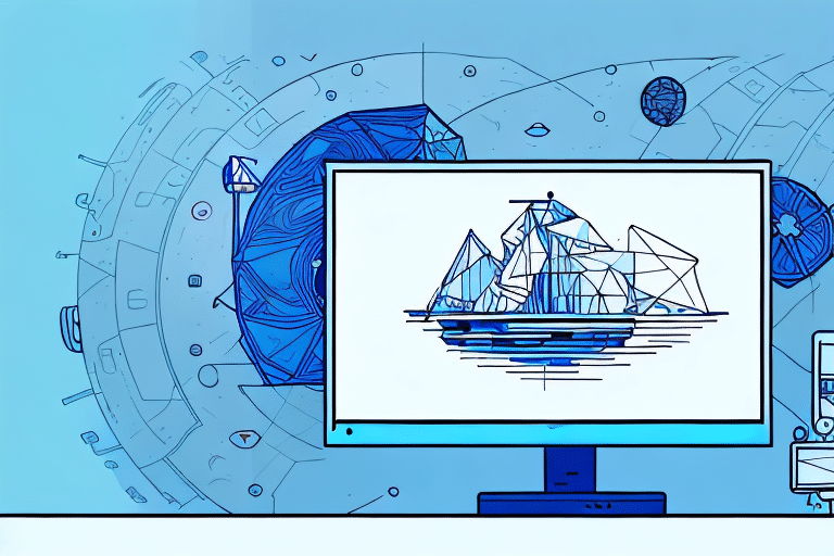 A computer screen adjusts the display to feature an abstract sailboat design, with a futuristic circular pattern and geometric shapes in the background, all in varying shades of blue.