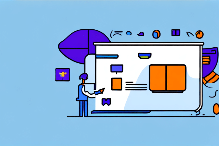 A stylized illustration of a person interacting with a large digital interface, featuring abstract shapes, blocks of text, and colorful icons on a blue background. The design conveys the modern technology and digital communication integral to tools like FedEx Ship Manager.