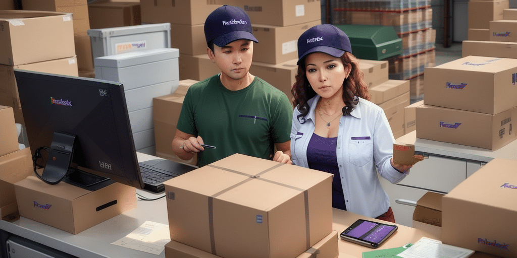 Two workers in a warehouse are examining large cardboard boxes, both sporting branded shirts and caps. One holds a tablet likely using FedEx Ship Manager while the other has a pencil for notes. In the background, a computer stands ready for QuickBooks Integration with more boxes surrounding it.