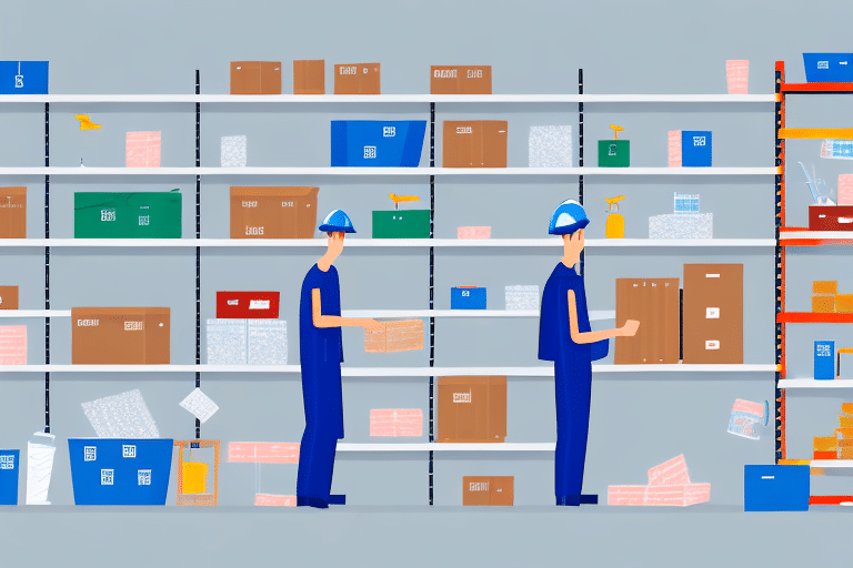 Illustration of two workers in blue uniforms and helmets meticulously organizing boxes on shelves in a warehouse. The shelves contain various crates and packages, some with labels, capturing the attention to detail needed for stunning results. The background remains neutral.