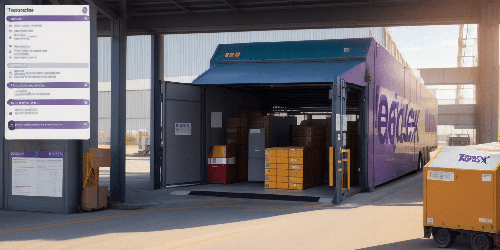 A large FedEx truck is parked with its side open, showcasing neatly stacked parcels inside. A smaller utility cart labeled TCS is nearby, with a digital checklist superimposed on the left. The scene hints at troubleshooting a FedEx Ship Manager issue efficiently.