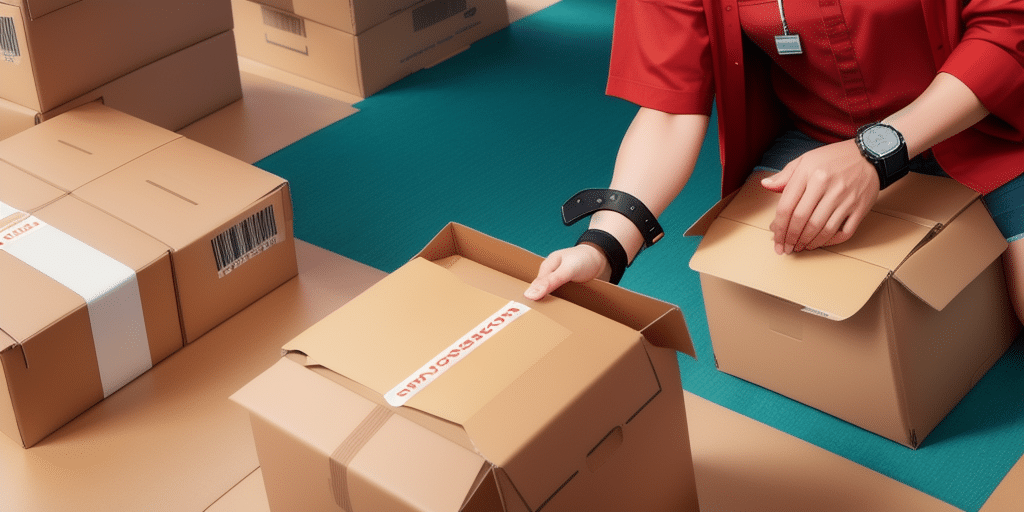 A person in a red shirt opens a cardboard box on the carpeted floor, setting up a shipping area. Surrounded by boxes with barcodes and labels, they wear a watch and bracelet. The scene hints at using tools like UPS SurePost for an efficient packing process.