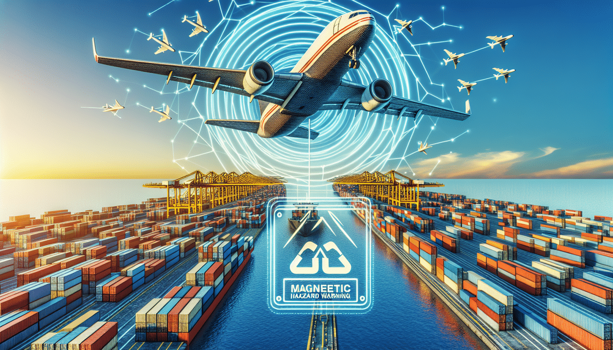 A large FedEx airplane flies over a busy port filled with colorful shipping containers and cranes. Multiple smaller planes surround it. A digital overlay shows concentric circles and a Magnetic Hazard Warning sign due to magnetized materials onboard.