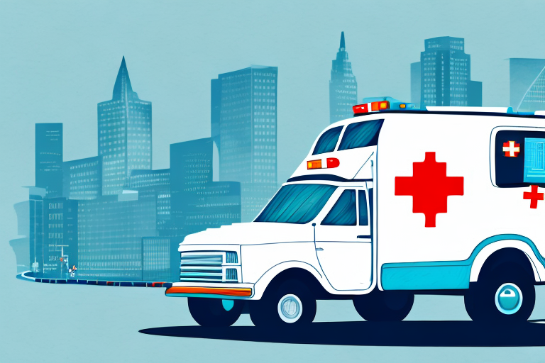 Illustration of a white ambulance with red medical crosses against a cityscape backdrop. A paramedic, akin to a medical delivery driver, assists a person on a stretcher. Skyscrapers and a clear sky are visible in the background, highlighting the essential benefits of timely medical aid.