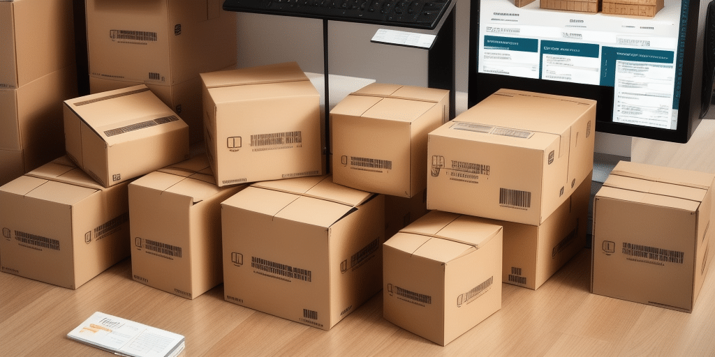 A collection of cardboard boxes in various sizes is arranged on the wooden floor of a workstation admin space, in front of a computer screen displaying UPS WorldShip shipping information. A brochure is open on the floor nearby.