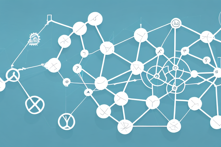 A complex network diagram with interconnected white nodes and lines on a blue background illustrates supply chain management. Various symbols within the circles represent different concepts, while arrows highlight understanding or connections between related parties.