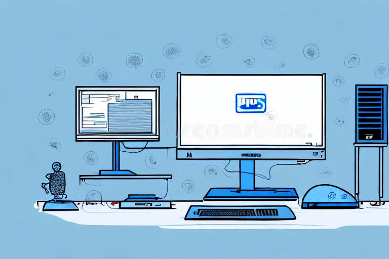 Illustration of a vintage computer setup with two monitors, a keyboard, and a mouse on a desk, reminiscent of configuring UPS Worldship. The screens display blue and white graphics. The background features light blue circular patterns, evoking the feel of working remotely in an earlier era.