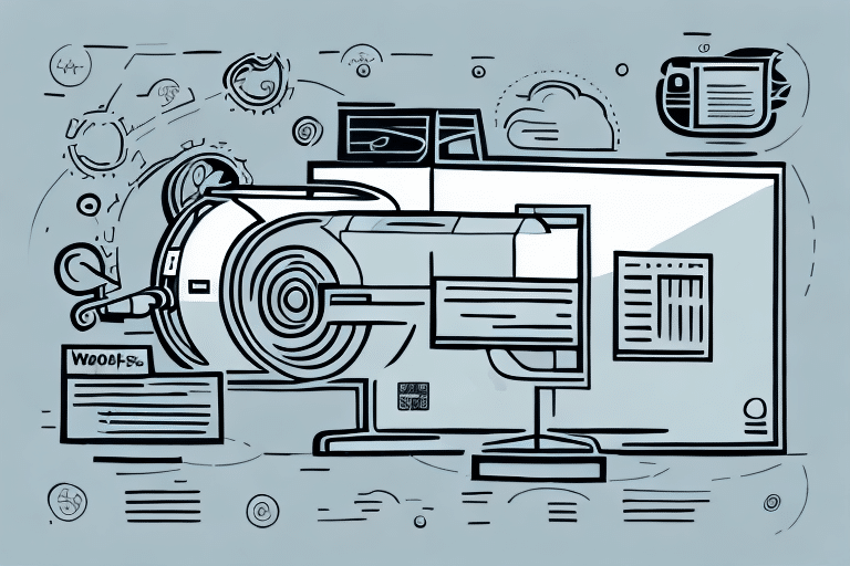 Abstract illustration of a computer monitor with various overlapping geometric shapes and icons, resembling office software like UPS Worldship and communication tools. The design appears as a collage with lines and symbols on a light blue background, suggesting custom packages you could add.