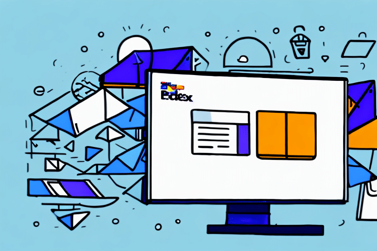A computer monitor displays a website with a blue and orange color scheme, featuring an inbox icon. Surrounding the screen are dynamic illustrations of envelopes and digital symbols, resembling those in FedEx Ship Manager, set against a light blue background.
