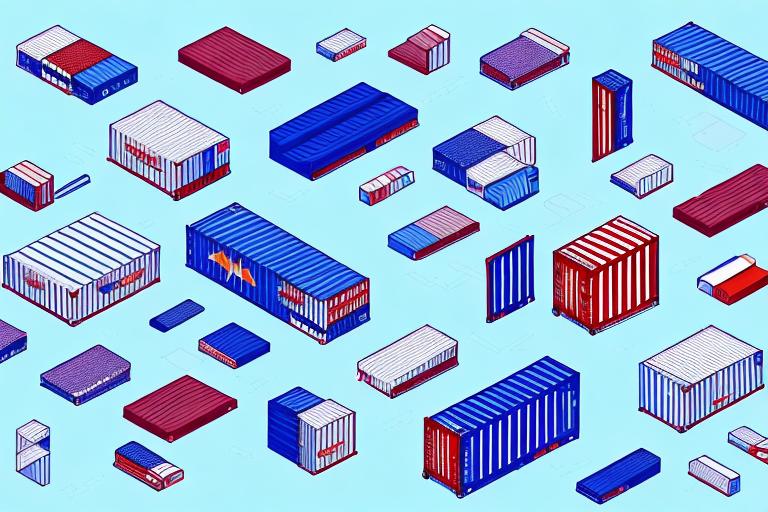 An array of colorful shipping containers in various sizes, sourced through different FOB methods, is scattered across a light blue background. The containers feature red, blue, and white hues, creating a vibrant pattern that enhances ones understanding of global trade dynamics.