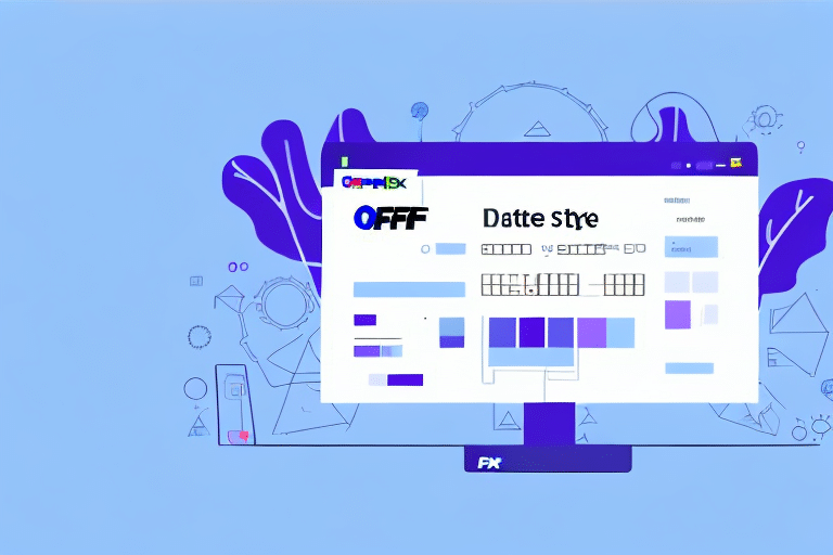 A computer monitor displays a colorful, abstract design with geometric shapes and the text OFFF and Dette stye against a light blue background. Abstract purple shapes, reminiscent of SQL syntax patterns, and faint outlines of circles and triangles are in the backdrop.