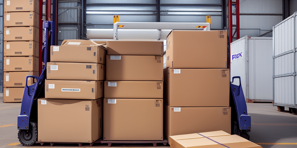 A bustling warehouse scene featuring a forklift loaded with large cardboard boxes ready for shipping, surrounded by stacks of similar boxes. The Fairbanks 70-2453-4 scale ensures precise loading. The spacious interior boasts metal shelving, a high ceiling, concrete floors, and bright lighting.