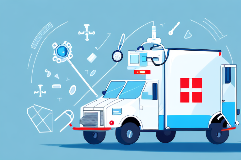 An illustration of an ambulance with a red cross on its side is surrounded by medical icons like a stethoscope, syringe, and pills on a blue background, symbolizing the efficiency of medical delivery, perhaps inspiring someone to consider becoming a medical delivery independent contractor.