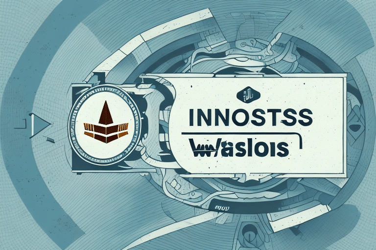Futuristic digital art showcasing abstract geometric and circuit-like patterns. Prominently features INNOSTSS and aslos in a rectangular box. A circular emblem with a stylized arrow design is on the left, akin to a UPS WorldShip Label. The color scheme is blue and white.