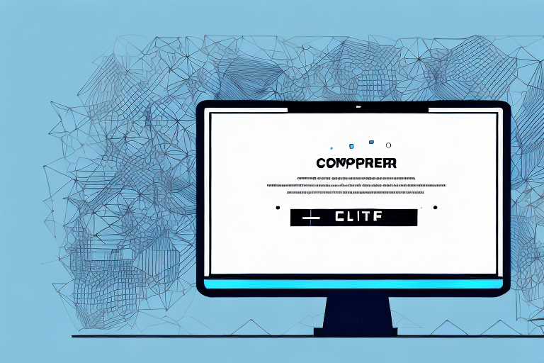 A digital art illustration depicts a computer monitor displaying text akin to FedEx Ship Manager troubleshooting guides and a CAPTCHA code. The backdrop boasts abstract geometric wireframe patterns. The screen prominently features the word COMPPRER with C-L-I-T-F below it, hinting at sender verification steps.