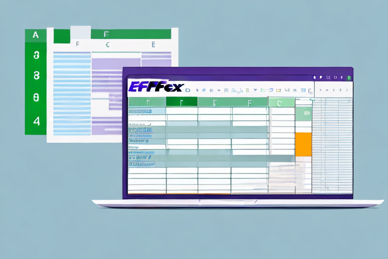A laptop displays a spreadsheet application with various tables and charts. In the background, an enlarged example of a spreadsheet titled EFFflex features colored sections and gridlines. The minimalist setting highlights the smooth integration from Excel to FedEx Ship Manager for seamless shipping logistics.