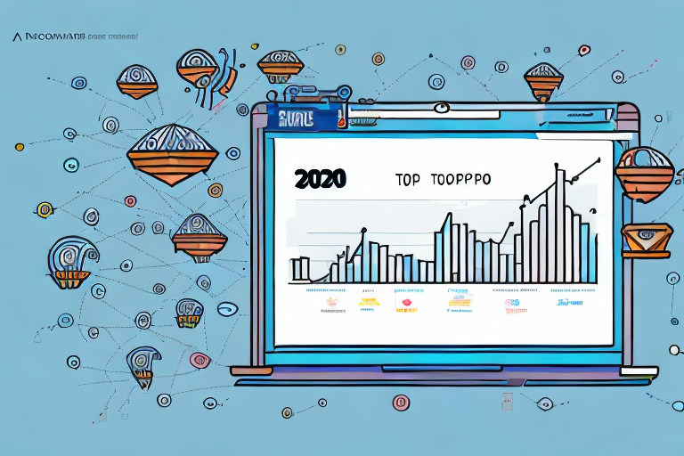 The illustration features a laptop screen displaying a bar and line graph labeled 2020. Surrounding the laptop are abstract, floating shapes linked by dotted lines, set against a blue background, evoking the dynamic growth of ecommerce businesses that often grace the Inc 5000 awards list.
