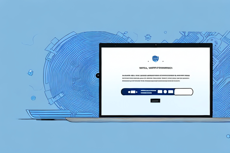 A laptop displays a website with a blue circular graphic in the background. The screen showcases a logo and text with a search bar and button below, reminiscent of UPS WorldShips sleek interface. The overall color scheme is blue and white, evoking efficiency and reliability.