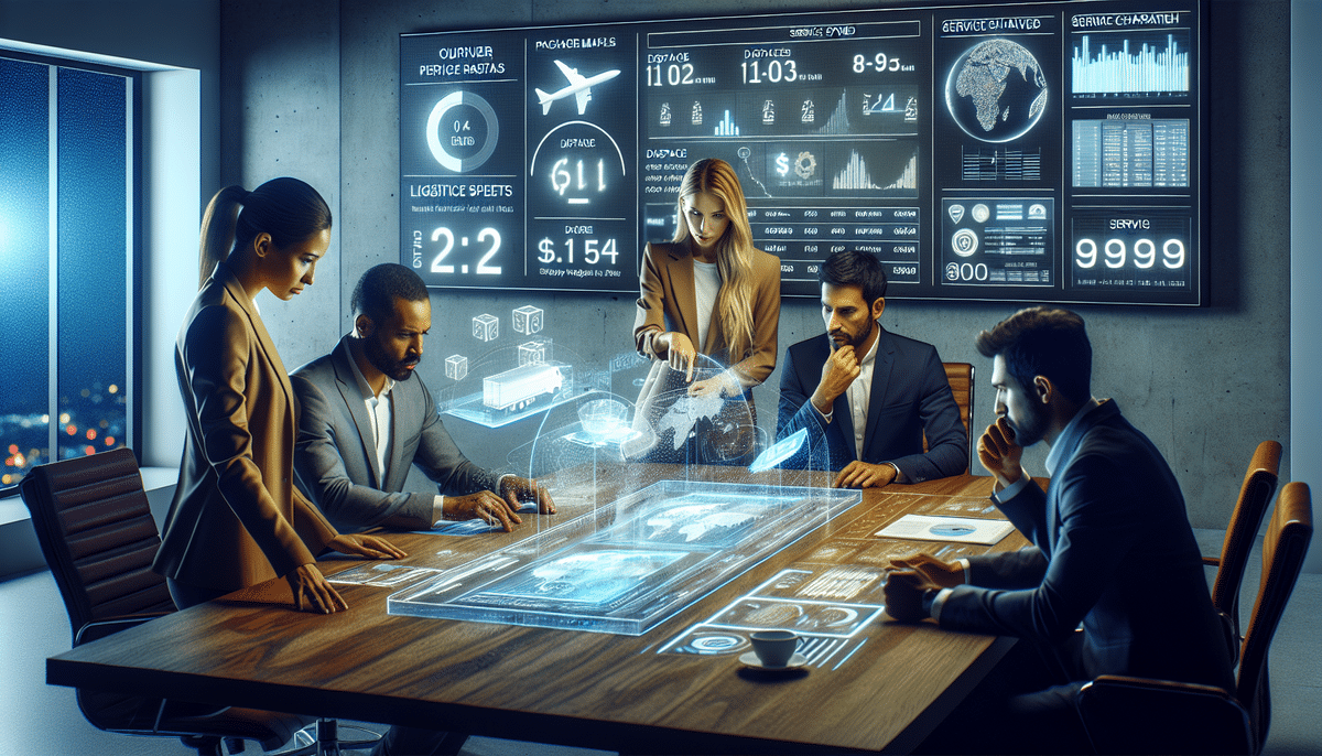 A diverse group of professionals engage in a futuristic conference room. They use a digital table displaying holographic data and figures. Large screens on the wall show statistics like courier service rates alongside service charts and world maps, creating a high-tech environment.