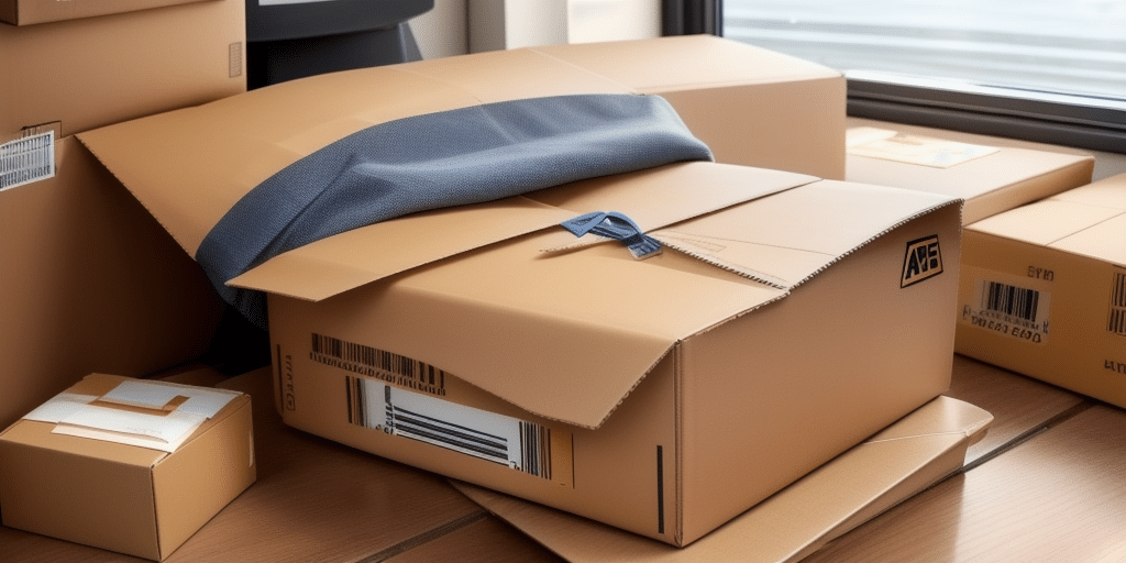 A stack of cardboard boxes in various sizes sits on a wooden floor, with one open box revealing blue fabric inside. A UPS envelope peeks through, while a window is partially visible in the background.