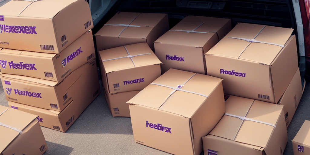 A van is parked with its rear door open, revealing a stack of cardboard boxes inside and on the ground nearby. The boxes have purple text, suggesting they were organized using FedEx Ship Manager. The scene hints at a delivery or moving scenario involving declared values.
