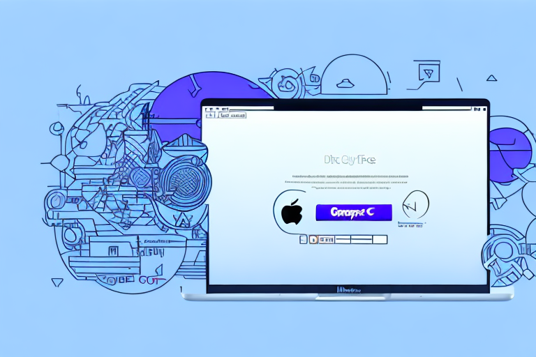 A laptop with a website open is displayed, showcasing abstract graphics with an Apple logo. The screen reveals a central C in purple alongside Mac OS interface elements. Set against a light blue backdrop adorned with artistic geometric designs, it feels like navigating a digital step-by-step guide.