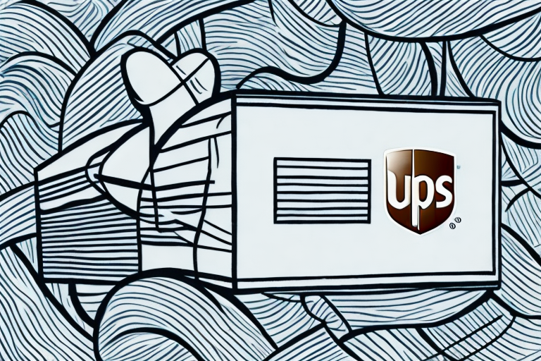 Illustration of a UPS delivery truck, stylized with bold lines and monochrome patterns in the background. The UPS logo is visible on the trucks side, symbolizing reliable shipping services with competitive rates.