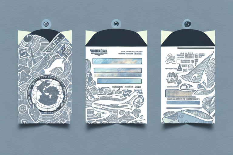Three travel-themed brochures with intricate designs: left shows a globe, plane, passport, and peel-and-stick labels; center boasts text boxes and watercolored sections; right features a large whale with marine illustrations. All maintain a cohesive blue and gray color scheme.
