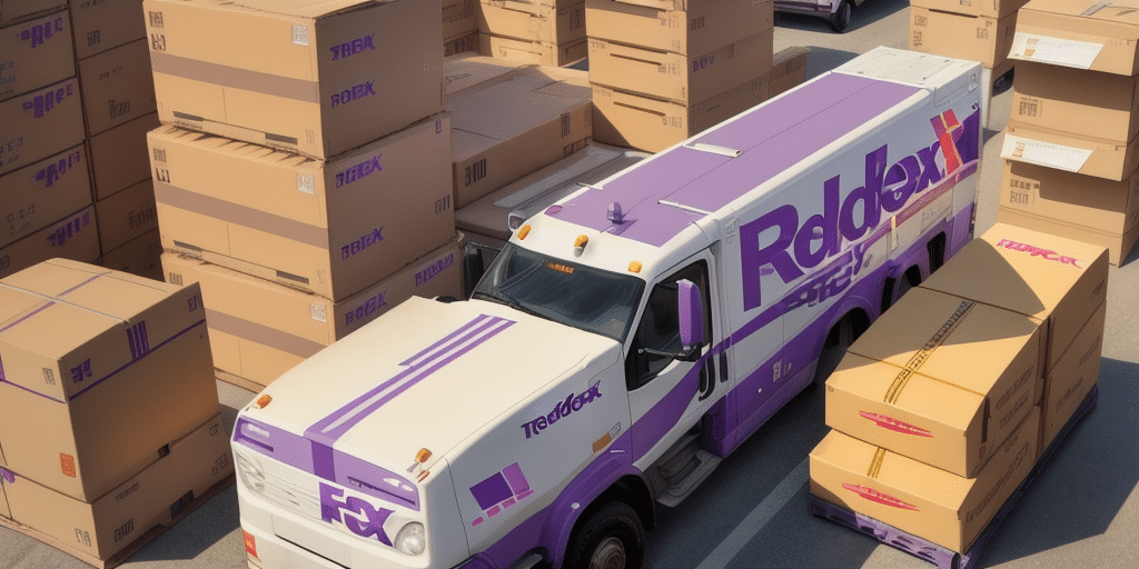 A large delivery truck with purple and white branding is surrounded by numerous stacks of cardboard boxes in a parking area. The truck reads FedEx with a playful design. Bright sunlight casts shadows on the boxes as the Ship Manager resolves a printing issue nearby.