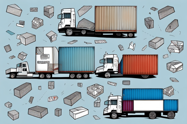 Illustration of three semi-trucks with containers on a blue background. Various boxes and geometric shapes float around them, showcasing movement and logistics, reminiscent of a dynamic UPS Worldship interface.